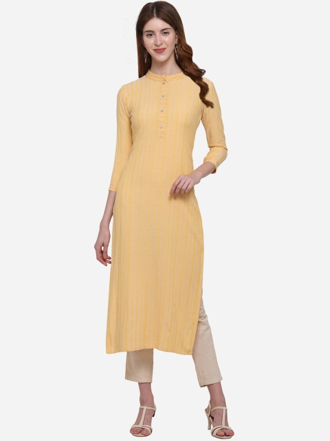 Kvsfab Women Yellow Striped Straight Kurta