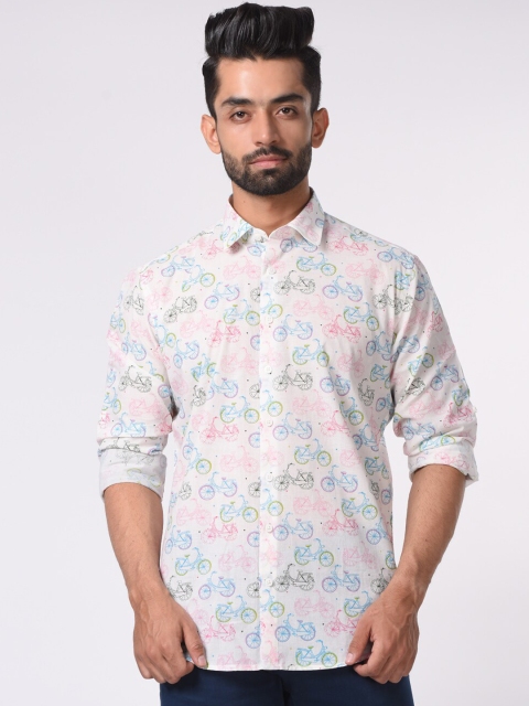 Tistabene Men Off-White & Blue Slim Fit Printed Casual Shirt