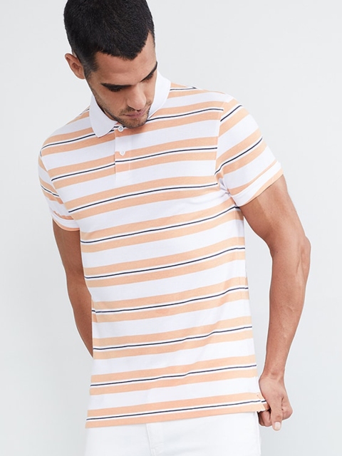 max Men Orange & White Striped Polo Collar T-shirt