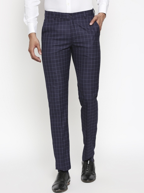 Solemio Men Navy Blue Skinny Fit Checked Formal Trousers