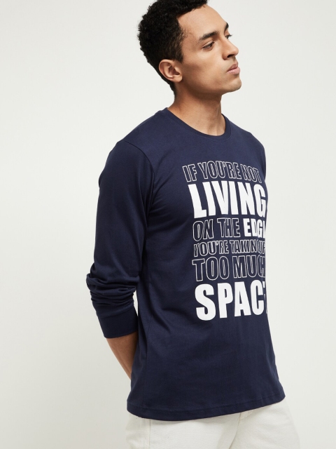 max Men Navy Blue & White Printed Round Neck T-shirt