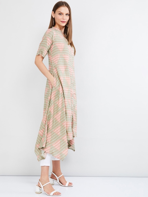 max Women Green & Pink Printed A-Line Kurta