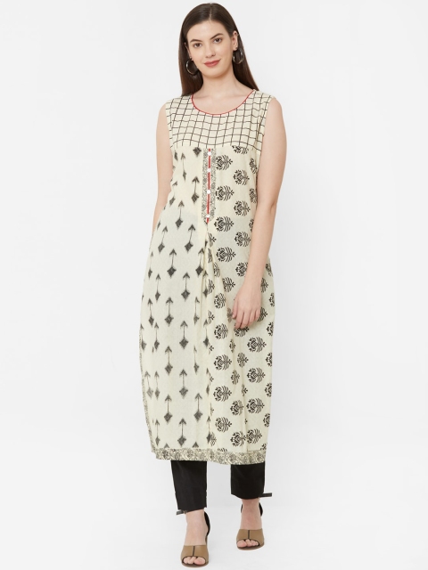 Juliet Women Cream-Coloured & Black Printed Straight Kurta