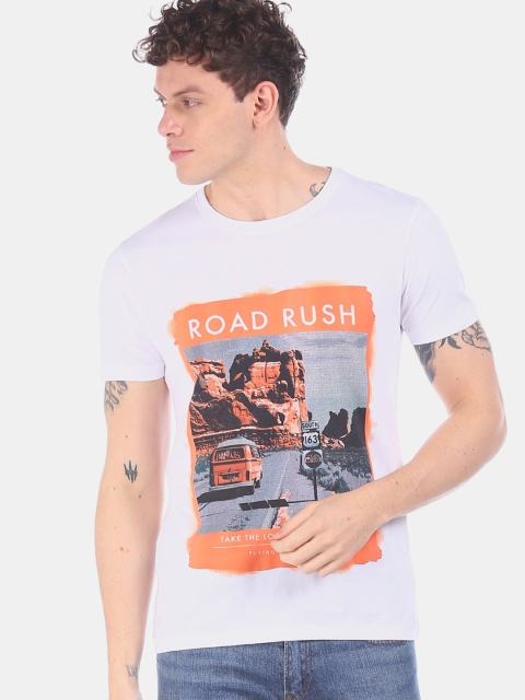 Flying Machine Men White Printed Round Neck T-shirt