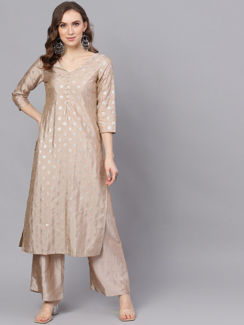 AKS Women Beige & Gold-Toned Printed Kurta with Palazzos
AKS Women Beige & Gold-Toned Printed Kurta with Palazzos