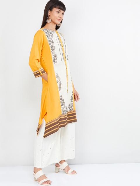 max Women Mustard Yellow & White Printed A-Line Kurta