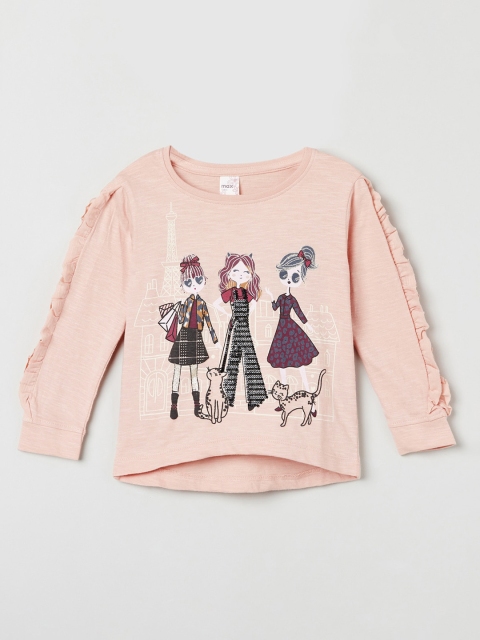 max Girls Peach-Coloured Printed Round Neck T-shirt