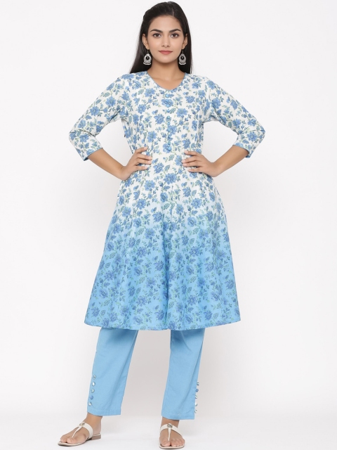 WomenMagic Women Blue & White Printed Kurta with Trousers