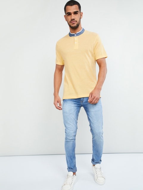 max Men Yellow Solid Mandarin Collar T-shirt