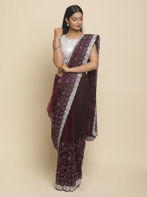 Koskii Burgundy & Silver-Toned Satin Embroidered Saree
