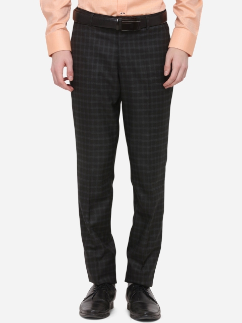 Greenfibre Men Black Skinny Fit Checked Formal Trousers