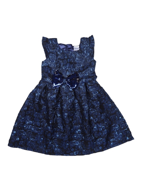 Doodle Girls Navy Blue Self Design Fit and Flare Dress
