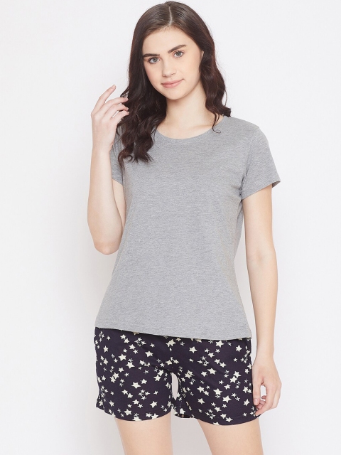 Clovia Women Grey & Navy Blue Printed Night suit