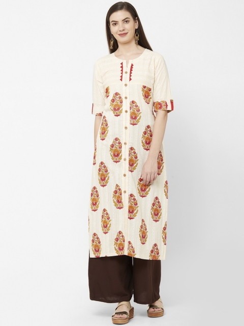 Juliet Women Cream-Coloured & Orange Printed Straight Kurta