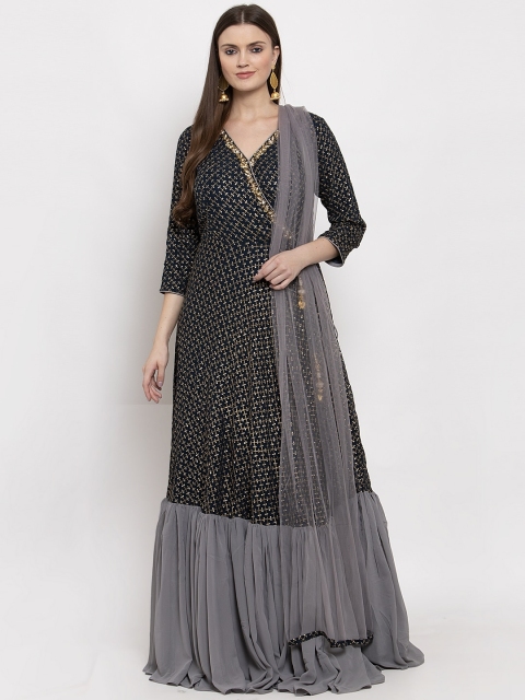 KHALOM Women Teal Blue & Grey Embellished Maxi Dress with Dupatta