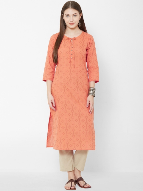 Os Women Orange Woven Design Straight Kurta