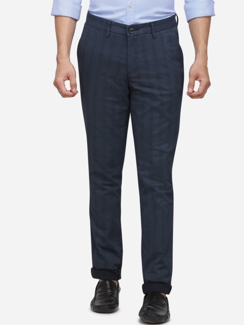 JADE BLUE Men Navy Blue Regular Fit Checked Regular Trousers