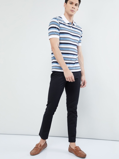 max Men White & Blue Striped Polo Collar T-shirt