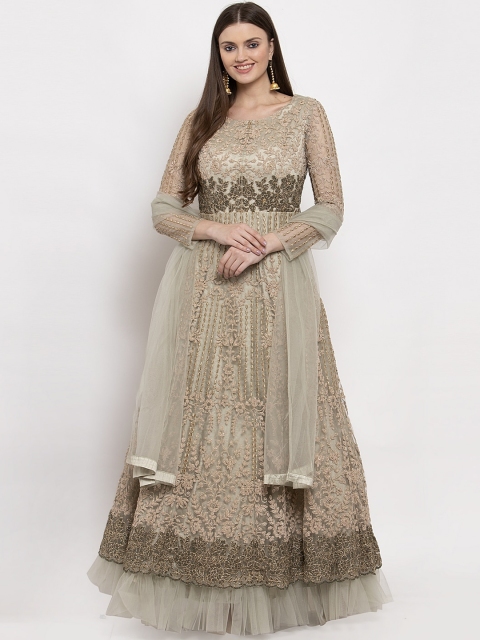 KHALOM Women Green & Gold-Coloured Embellished Maxi Dress With Dupatta