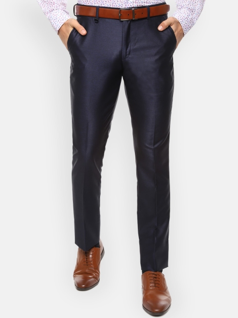 V Dot Men Navy Blue Skinny Fit Self Design Formal Trousers