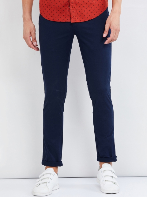 max Men Navy Blue Slim Fit Solid Regular Trousers