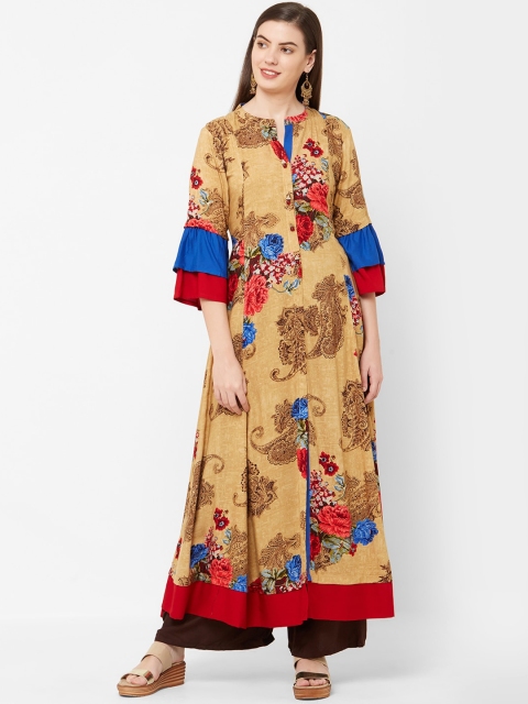 Juliet Women Beige & Blue Printed A-Line Kurta