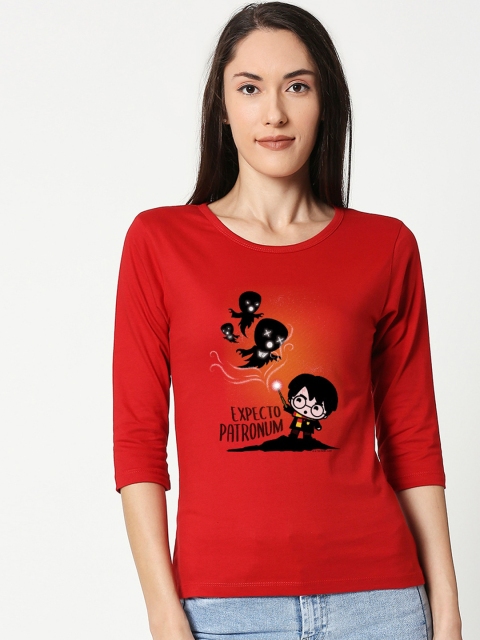Bewakoof Women Red Printed Round Neck Slim Fit T-shirt