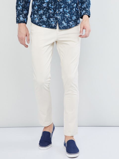 max Men Cream-Coloured Skinny Fit Solid Regular Trousers
