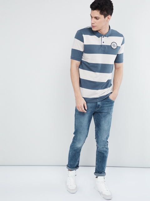 max Men Blue Striped Polo Collar T-shirt