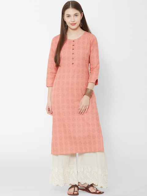 Os Women Orange Woven Design Straight Kurta