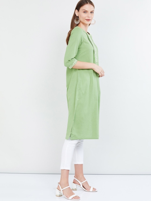 max Women Green & Off-White Woven Design Straight Kurta