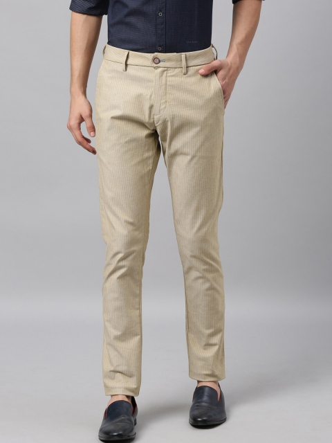 RARE RABBIT Men Beige Slim Fit Striped Regular Trousers