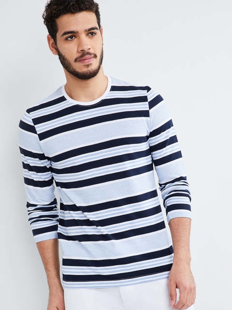 max Men Blue & Black Striped Round Neck T-shirt