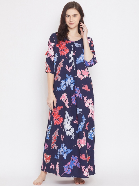 Clovia Blue & Pink Printed Nightdress