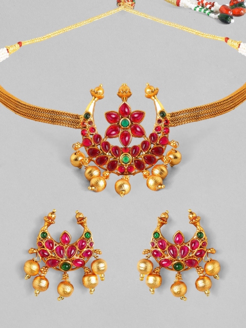 Rubans 22K Gold-plated Pink & Green Ruby Stone-Studded Chandbali-Shaped Handcrafted Jewellery Set
Rubans 22K Gold-plated Pink & Green Ruby Stone-Studded Chandbali-Shaped Handcrafted Jewellery Set