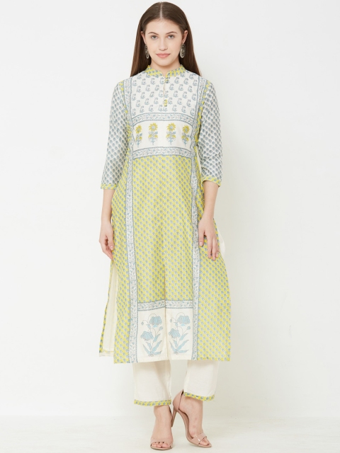FASHOR Women Yellow & Off-White Printed Kurta with Palazzos