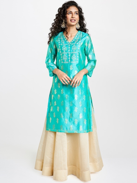 Global Desi Women Blue Printed A-Line Kurta