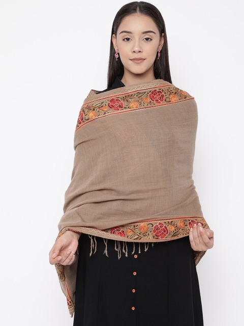 Pashmoda Women Beige Embroidered Pure Wool Stole