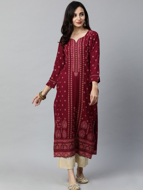 Indo Era Women Maroon & Pink Printed Straight Kurta