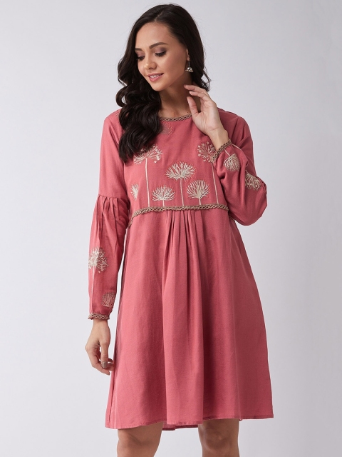 InWeave Women Pink & Off-White Embroidered Fit and Flare Dress