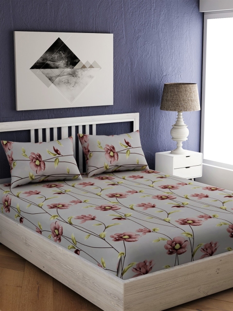 EverHOME Grey & Brown Floral 210 TC Cotton 1 Queen Bedsheet with 2 Pillow Covers
