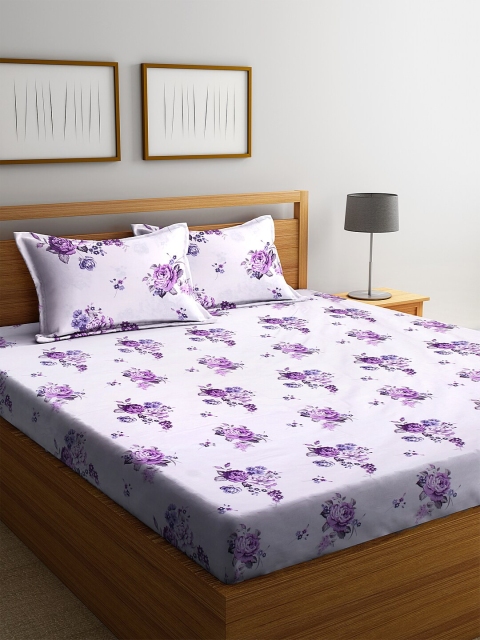 SWHF Purple Floral 180 TC Cotton 1 Queen Bedsheet with 2 Pillow Covers