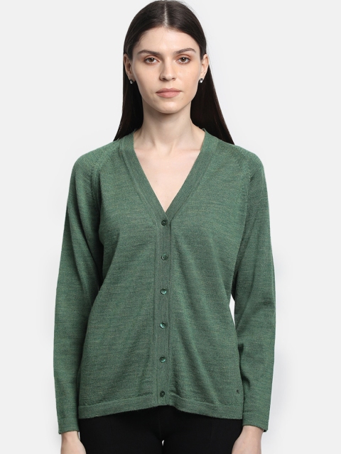 Monte Carlo Women Green Solid Pure Wool Cardigan Sweater