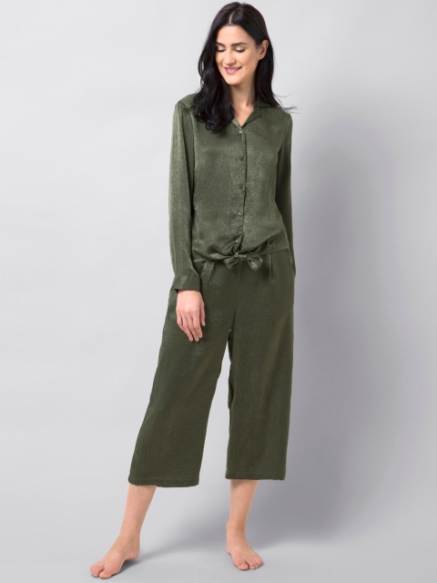 FabAlley Women Olive Green Solid Satin Night Suit