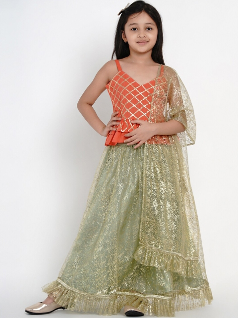 Bitiya by Bhama Girls Green & Peach-Coloured Embellished Ready to Wear Lehenga & Blouse with Dupatta
Bitiya by Bhama Girls Green & Peach-Coloured Embellished Ready to Wear Lehenga & Blouse with Dupatta