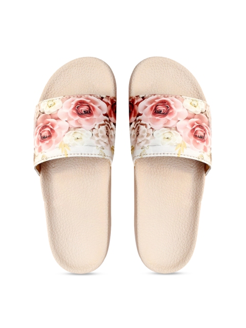 FREECO Women Beige Floral Printed Sliders