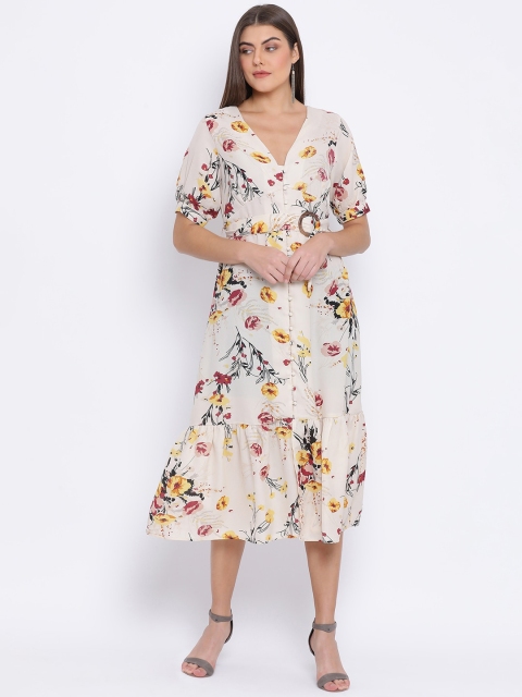 Oxolloxo Women Cream & Yellow Printed A-Line Dress