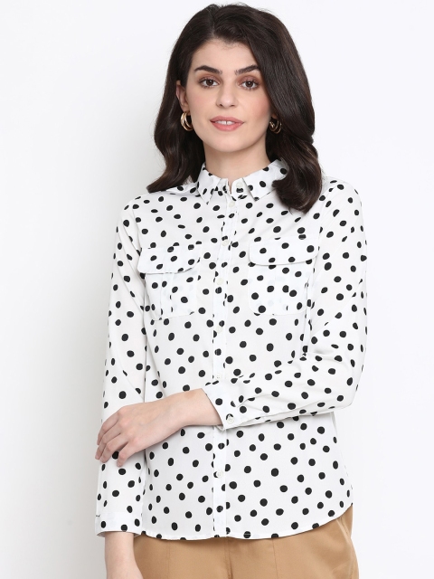 Oxolloxo Women White & Black Regular Fit Polka Dots Printed Casual Shirt
