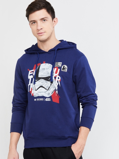 max Men Blue Printed Hooded Sweatshirt