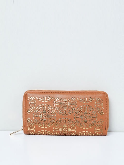 max Women Tan Brown Self Design Zip Around Wallet
